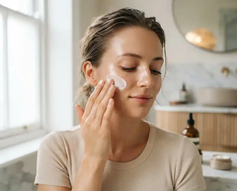 Woman applying moisturizer to her cheek